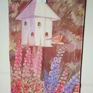Birdhouse with Bird & Flowers House Flag 23x35
